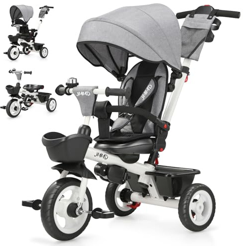 JMMD 7 in 1 Tricycle Stroller with Push Handle, Baby Trike with 360° Swivel Seat, Reclining Backrest, All-Terrain Wheels, Dual Brakes, Canopy & Storage, Gift for Kids 18 Months to 5 Years, Gray