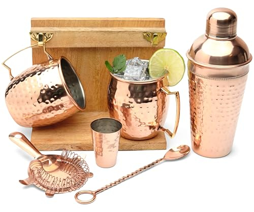 Moscow Mule Mugs (Set of 2 Mugs) with Brass Hooks- Stand,1 8' inches bar Spoon, 1 Jigger, 1 Shaker, 1 Stainer