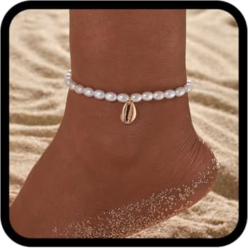Handcess Boho-Perlen-Fußkettchen, goldfarbene Muschel-Armbänder, Damen-Fußkettchen, Perlen-Fußschmuck für Damen und Mädchen, Free Size, Kunststoff