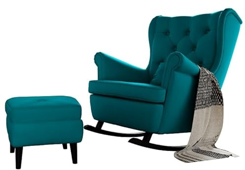 GREKPOL Schaukelsessel mit Hocker Ohrensessel Relaxliege Fernsehsessel Liegesessel gepolstert (10 Knöpfe, Solo 261)