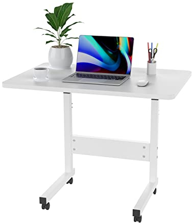 PIPIPOXER 60x40cm Laptoptisch mit Rollen, Laptoptisch Computertisch höhenverstellbarer 69-90cm, Schreibtisch Computertisch Mobiler Stehtisch Überbett-Tisch 360 Drehbaren Tischplatte,Beistelltisch,Weiß