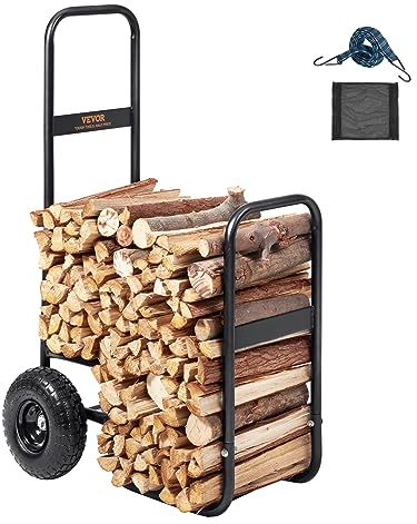 VEVOR Kaminholzwagen 67x52x110cm Brennholzwagen Pulverbeschichteter Stahl Brennholzkarre mit 266,7-mm-Gummirädern Holzwagen 113,4 kg Tragfähigkeit Transportwagen inkl. Bungee-Seil Bodennetz