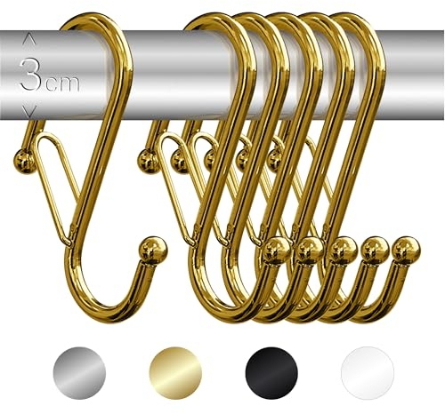 Blau Marité 6 Pack S Hooks for Hanging for Bars up to 1.2 Inch (3 cm) Diameter - Anti-Drop Hooks with Safety Lock – Heavy-Duty for Wardrobes & Storage – Golden (Large)