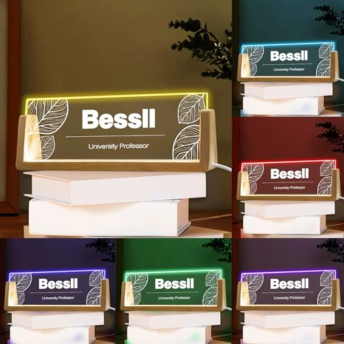 Personalisiertes, beleuchtetes Acryl-Namensschild mit Holzhalter, individuell beleuchtetes Acryl-Namensschild für Schreibtisch, Büro, Schreibtisch, Zubehör, Dekor, Geschenk für Männer, Frauen, Lehrer,