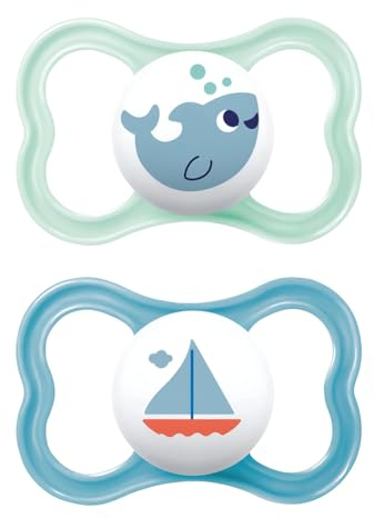 MAM Air Succhietto 16+ Mesi (Set da 2), Ciuccio MAM 16-36 mesi per pelli sensibili e delicate, Kit da 2 accessori neonato con tettarella in silicone e porta ciuccio sterilizzatore, Azzurro/Celeste