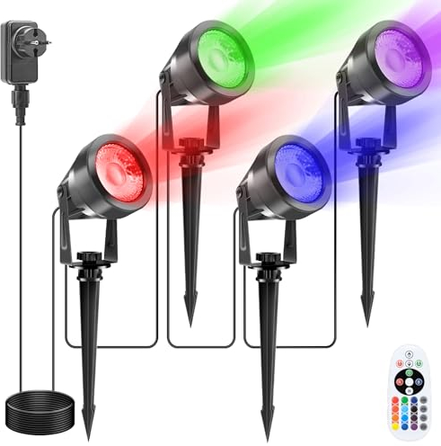 VOLISUN RGB LED Gartenbeleuchtung,IP65 Wasserdichte Gartenstrahler mit Fernbedienung, 17M RGB Gartenleuchte mit Erdspieß für Garten Weg Hof Rasen(4 Stück)