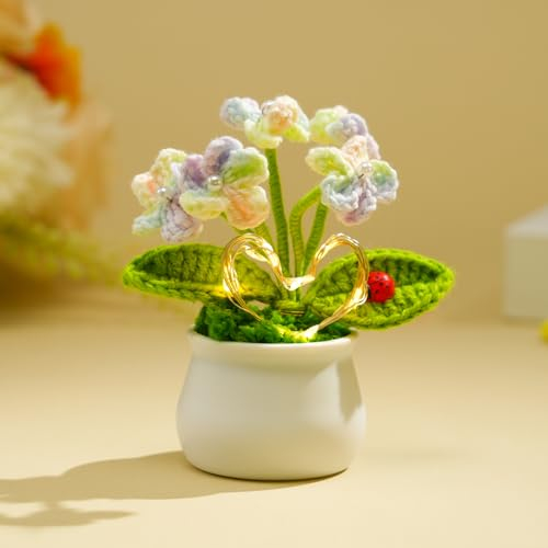 Bixufcai Geschenke für Frauen LED Gestrickte Blumen Handgemachter Topfpflanze Exquisite Gestrickte Blumen Deko für Romantisch Dekoration Geschenk zum Muttertag Valentinstag Jubiläum (Blumen-D)