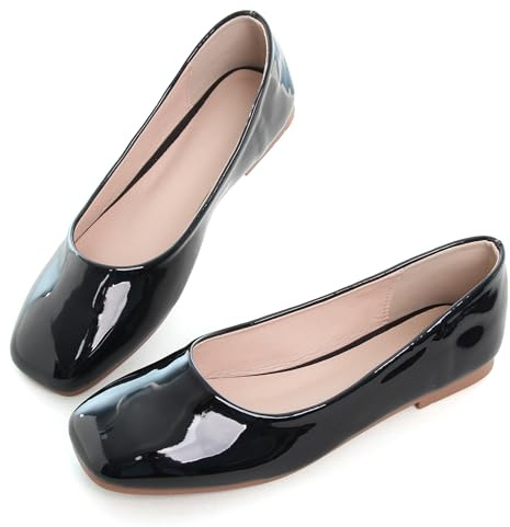 Dear Time Women's Casual Foldable Ballet Flats Square Toe Ballerina Flats Shoes Comfortable, 075-black Patent Leather, 1.5 UK
