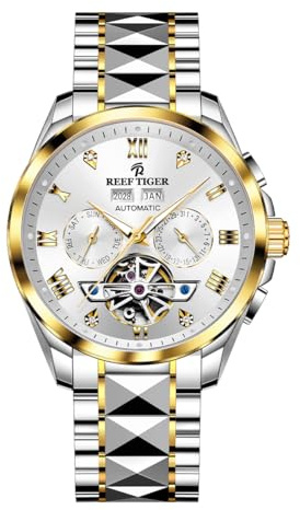 REEF TIGER Modische mechanische Uhr mit Kalender, drei Fenstern, Edelstahl, Skelett, wasserdichte Uhr für Herren, RGA8235
