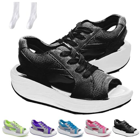 Sandalias de muffins con cordones y paneles de contraste, zapatos de plataforma de verano para mujer, Black, 36.5 EU