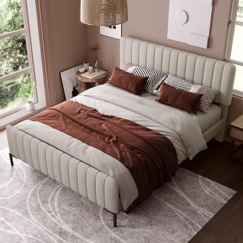 Skcess Polsterbett Doppelbett 180 X 200 cm, Bettgestell Mit Lattenrost Und Verstellbares Kopfteil, Gepolstertes Bett In Grau-Beige,Bettrahmen Jugendbett