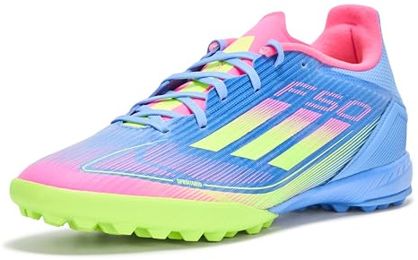Adidas, Unisex, F50 League Turf Soccer Cleats, Blue Fusion/Lucid Lemon/Lucid Pink, Mens 11.5, Womens 12.5, Medium