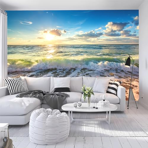 Custom Size Wall Murals, Sunrise Waves Ocean Wallpaper, Self-Adhesive Large Photo, Office, Bedroom, Living Room