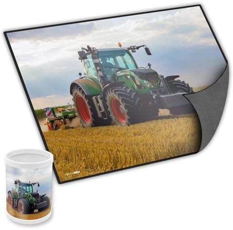 itenga Set Schreibtischunterlage mit Motiv und passendem Stifteköcher abwischbar rutschfest glatt 40x53cm Kunststoff Schreibunterlage für Kinder (Traktor auf dem Feld)