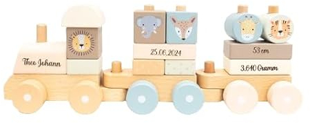 minipishop® personalisierte Geschenke Baby Holz Eisenbahn Safari Tiere als Babygeschenk zur Geburt Junge I Holz Zug mit Name und Datum personalisierbar