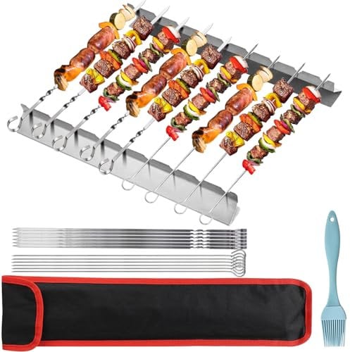 LOSYHU BBQ Skewer Rack Set, Stainless Steel Skewer with Holder, Metal BBQ Rack with 12Pcs Kebab Skewers Reusable Universal Skewers Barbecue Accessories with Oil Brush & Bag