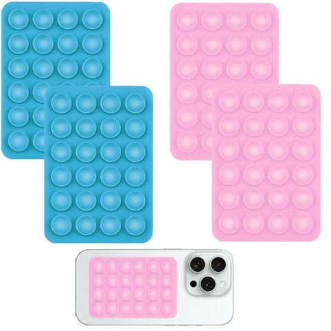 Qianeffort Silicone Suction Phone Holder, 4 Pcs Anti-Slip Sticky Grip for Shower Mirror, Toys, Wall - (2 Blue + 2 Pink)