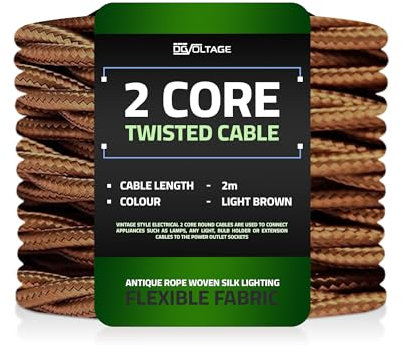 DC VOLTAGE 2m 2 Core Twisted Cable Flexible Wire Lamp Cord, 2 Conductor 6.5ft Fabric Covered Electrical Cable Antique Style Wiring Cloth Covered Braided DIY Lighting Electrical Cord (Light Brown)