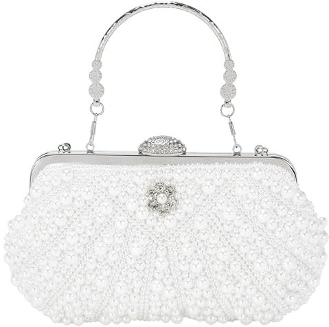 DTGN Evening Bags Clutch Purses for Women Formal, Bridal Purses Pearl Handbags Shoulder Bag with Chain for Women Formal Wedding Club Party White