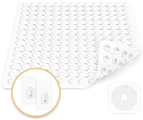 Duschmatte rutschfest,53x53cm,100% BPA frei,inkl 1 Abflusssieb Silikon,Antirutschmatte Dusche,maschinenwaschbar, schimmelresistent,hautsensitiv(Weiß)