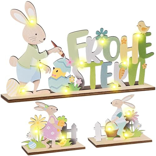 LETTERASHQP 3 Stück Osterhase Deko aus Holz,Deko Aufsteller für Ostern,Osterhasen-Paar mit Colourful Blume,Häschen Desktop Innen Außen Rustikale Ostern Frühling Dekoration