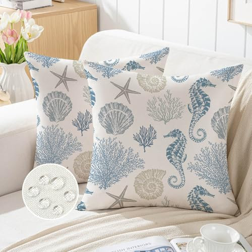 ViaElayu Kissenbezug 50x50 cm Outdoor Kissen Wetterfest Blau Kissenbezüge Gartenbank Wasserfest Cushion Covers Seepferdchen Sommer Kissen Deko für Garten Sofa Wohnzimmer Terrasse Bett 2er Set