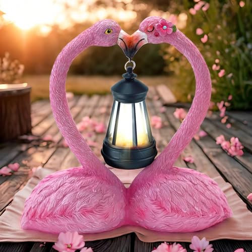 yiilead Statue de flamant rose de jardin de 24,9 cm avec lanterne solaire, décoration de flamant rose en forme de cœur, cadeau unique de flamant rose à double tête pour femme, maman, amoureuse