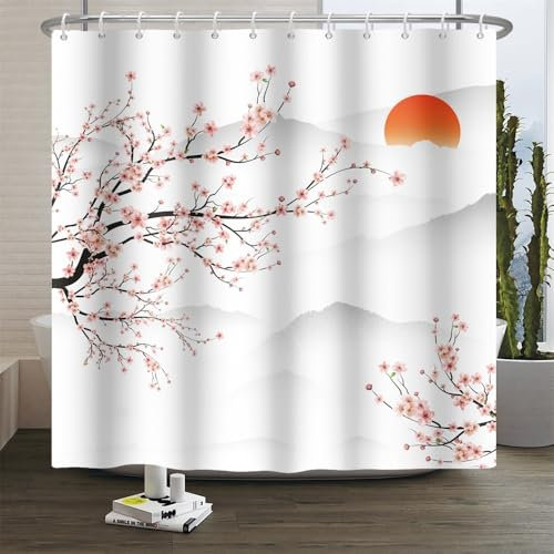 Xiaoterna Rideau de Douche Fleur de Cerisier Rose Fleurs japonaises Montagne Soleil Rideau de Salle de Bain imperméable Art Asiatique Rustique Sakura Mountain Décoration de Salle de Bain 180x180cm
