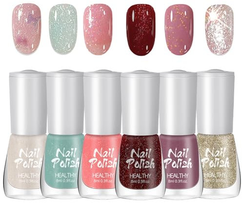 Nail Polish Set - 6 Colors Red Pink Glitter Nail Varnish - Long Lasting Quick Dry Nail Polish - Smooth Sparkly Nail Art Polish - High Glossy Nail Varnish Gift Set For Women Nail DIY