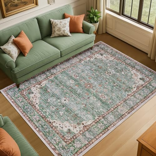 Topfinel Vintage Teppich 160x230cm Boho Kurzflor Teppich Waschbar rutschfest Weicher Schlafzimmer Teppiche für Wohnzimmer Esszimmer Büro Grün Groß Carpet Orientalischer
