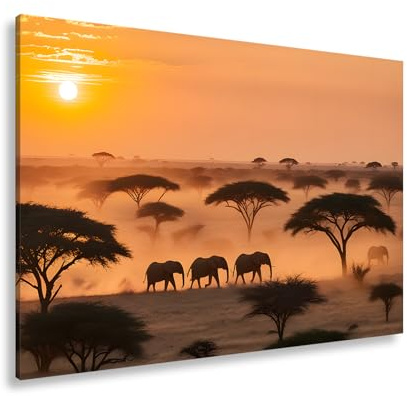 deyoli Leinwandbild Elefanten ziehen durch goldenen Staub der Savanne. Format: 120x80cm XXL Kunstdruck Bild auf Keilrahmen/Wandbild/Wohnzimmer Dekoration