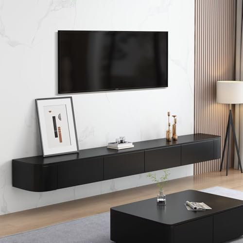 YINXSLO Modern Floating TV Unit Cabinet Black Tv Wall Units for Living Room with Drawer for Storage Wooden Media Wall Unit Large Storage Wall Mounted Tv Unit(Black,140cm/55in)
