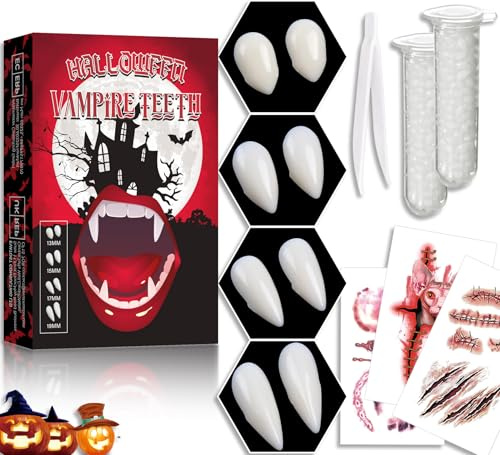 RUIXUE ® Set di 10 denti da vampiro, 4 misure, zanne da vampiro, denti finti da vampiro per adulti, con 2 tubi adesivi in pellet, per feste cosplay, Halloween, feste horror, zanne (beige-C)