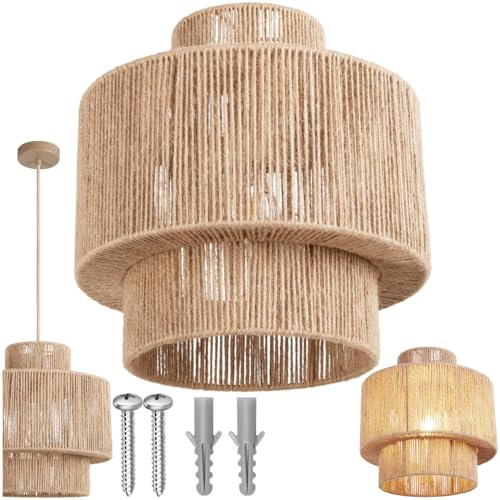 tectake® Hängelampe im Boho-Stil, Deckenleuchte, Wohnzimmerlampe aus Jute, Ø 32 cm Lampenschirm, Deckenlampe Wohnzimmer, Pendelleuchte mit E27 Fassung, Esszimmerlampe, Küchenlampe, Schlafzimmerlampe