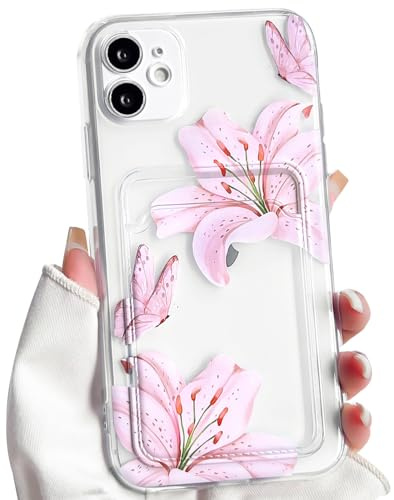 NITITOP for iPhone 11 Case Clear Cute Flower Lily Pattern,Pink | with Card Holder, for Women Girl, Aesthetic Floral Butterfly Design, Soft TPU Wallet Shockproof Cover, Full Camera Protection
