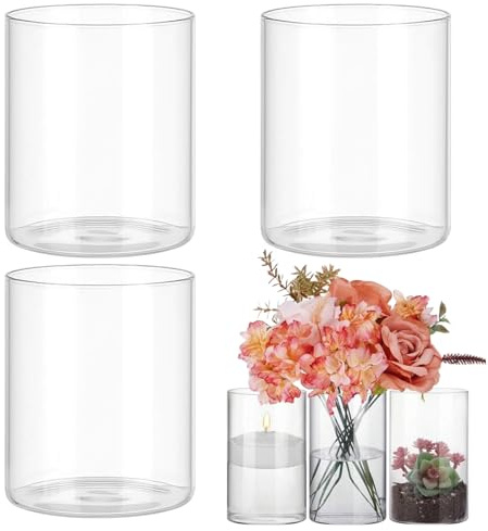 3 Stück Glasvase - 8.5*15 cm Kerzengläser, Cylinder Borosilikat Glaszylinder Kerzengläser Glaszylinder für Kerzen, Vasen Klein Durchsichtige Glasvase Zylinder für Blumen Kerzen Kieselsteine Muscheln