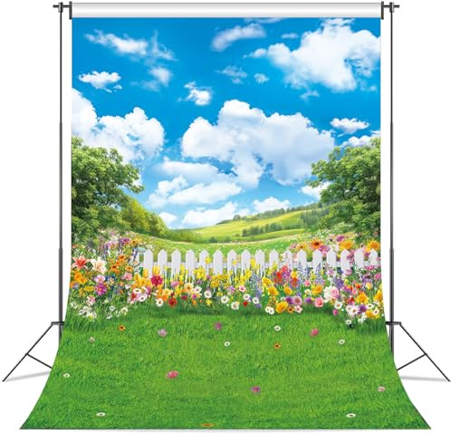 Spring Backdrops for Photography 6x8FT Blue Sky Garden Flowers Spring Nature Scenery Background Easter Party Decorations Supplies Photo Props