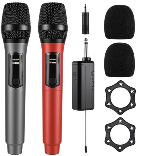 FerBuee Kabelloses Mikrofon Dual Professional Schnurlos Handheld Mikrofon System für Verstärker, PA System, Karaoke, Treffen, Partei, Hochzeit (Grau & Rot)