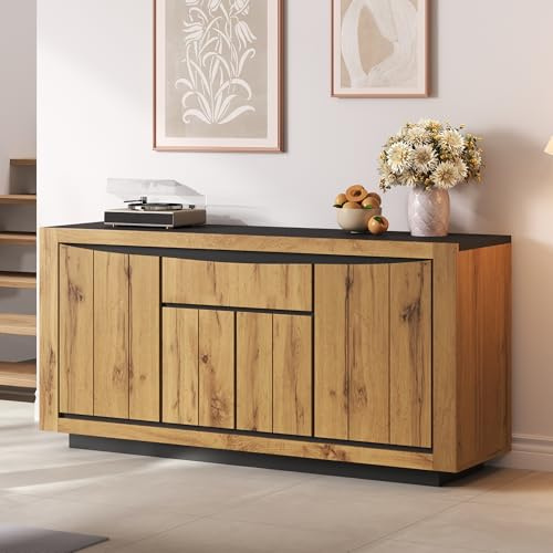YuQozii 140 x 38,5 x 52 cm, aparador con 4 puertas, 1 cajón, armario de comedor, armarios anchos sin mango, versátil, color madera + negro