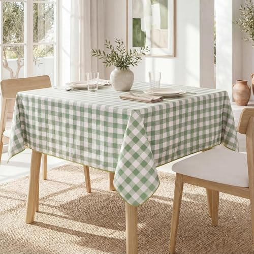 FIBORIA Wachstuch Tischdecke Outdoor 120x120 cm Wetterfest quadratisch Salbeigrün-Weiß kariert, abwaschbar, abwischbar für Balkon, Terrasse, Garten, Geburtstag, Couchtisch,Party und Draußen