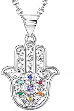 Empha 925 Sterling Silber Halskette Damen Hamsa Hand der Fatima Chakra Anhänger mit 7 Zirkonia Mystisches Schutzamulett Schmuck Geschenk