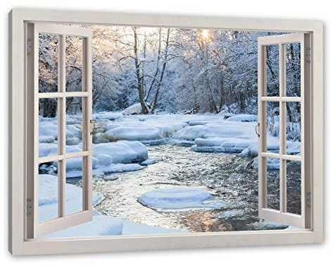 Pixxprint Bach in Winterlandschaft, Fenster, Größe: 80x60cm, Leinwandbild, fertig gespannt, Wandbild, Dekoration, Kunstdruck, kein Poster