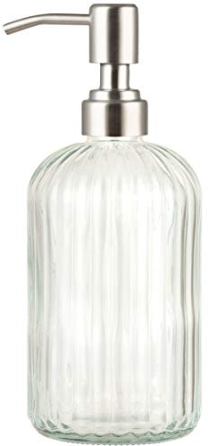 Plomkeest Distributeur de savon en verre transparent de 414 ml avec pompe en acier inoxydable antirouille pour salle de bain, cuisine, décoration, idéal pour les lotions, savons liquides. Motif de