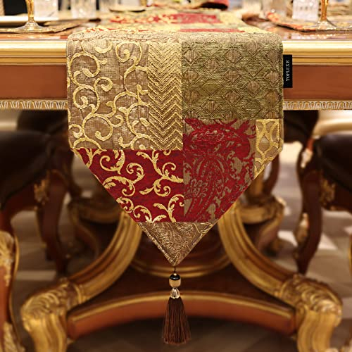 TOPLUXE Tischläufer mit Quasten, Jacquard Tischdecke für Esstisch Urlaub Party Wohnzimmer Dekoration (33x180cm, Goldrot)