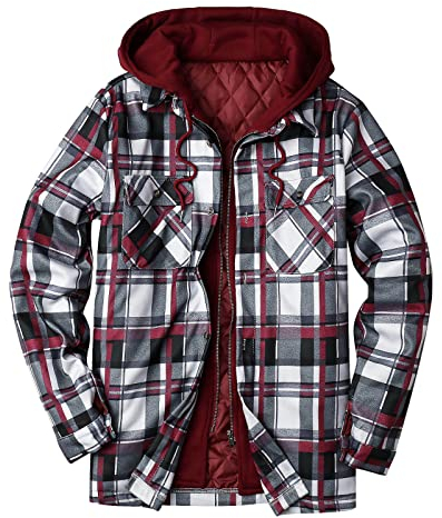 INLLADDY Gefüttert Rot Holzfällerhemd Herren Karohemd Kapuzenhemd Hemdjacke Mit Reißverschluss Dünner Gesteppte Gefütterte Leichte Freizeitjacke Rot 2XL