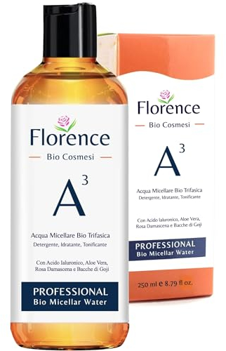 250 ml Eau Micellaire Bio Florence A3 Démaquillant Triphasique Nettoyant, Hydratant et Tonifiant à l'Acide Hyaluronique, Eau de Rose de Damas, Aloe Vera, Huile d'Olive, Extrait de Baie de Goji.