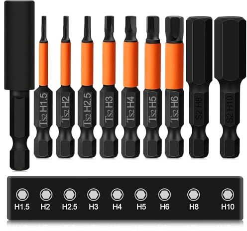 Hakkin 9 Stück Hex Bits Set Lang 50mm Sechskant Schlagschrauber Schraubenzieher Set Magnetische S2 1/4 Hexagon Innensechskant Schraubendreher Bitsatz mit Bithalter(H1,5/H2/H2,5/H3/H4/H5/H6/H8/H10)