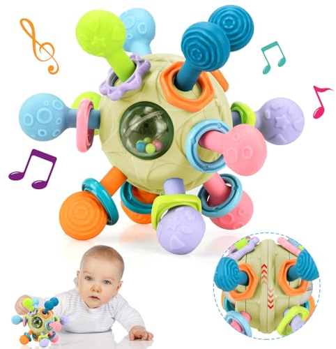BIQIQI Beißspielzeug Baby, Beißring aus Silikon BPA-frei, Greifling Zahnungshilfe zu stimulieren und zu entspannen, Montessori Baby Spielzeug Teether Ball Baby Geschenk ab 3 Monate Gelb