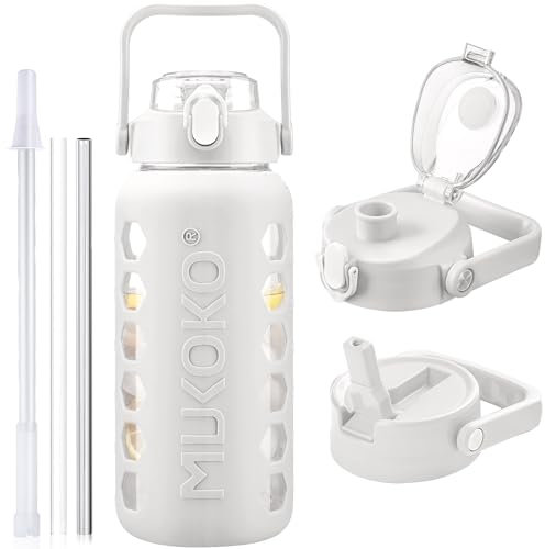 MUKOKO Borraccia in vetro da 1,8 l, con 2 coperchi, borraccia da 900 ml con cannucce e misurazioni, brocca sportiva da 2 l, con custodia in silicone, a prova di perdite, colore bianco