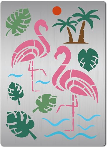 GORGECRAFT Flamingo-Schablonen Wiederverwendbar Palme Tropische Blätter Flamingos Kokosnussbaum-Schablone Tier-/Pflanzenthema Edelstahl-Vorlage Zum Malen An Wand Holz Möbel Scrapbooking DIY-Basteln